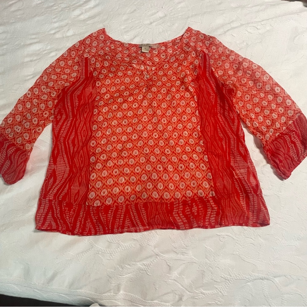 Lucky Brand Caley Mixed Print Orange Sheer Boho Peasant Blouse - Picture 9 of 9